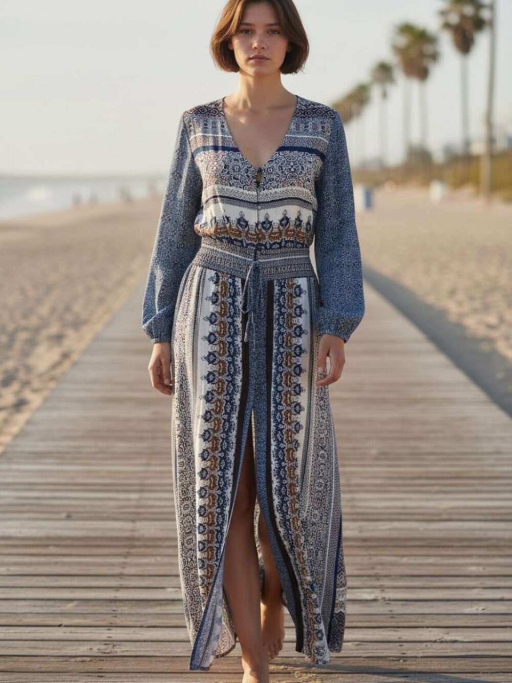 Summer Printed V-Neck, 3-Button Maxi/Beach Dress with Sleeves